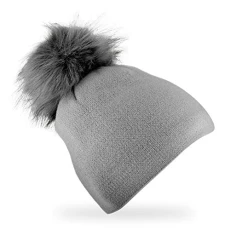 Knitted hat with faux fur bobble | glitter hat made of wool with fleece lining for women | beanie made in Europe - Grey - One size