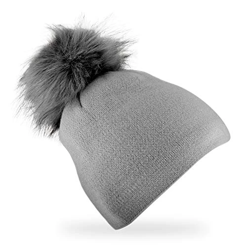 Knitted hat with faux fur bobble | glitter hat made of wool with fleece lining for women | beanie made in Europe - Grey - One size