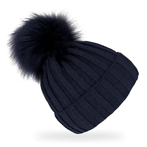 Knitted hat with faux fur bobble | wool hat with fleece lining | beanie made in Europe, navy, One Size Fits All