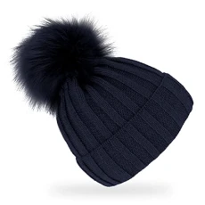 Knitted hat with faux fur bobble | wool hat with fleece lining | beanie made in Europe, navy, One Size Fits All