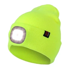 Knitted Hi Vis Beanie Hat Men Winter Hat Black Beanie Hat With Light Cuffed Thermal Rechargeable Head Torch Hat Mens one size