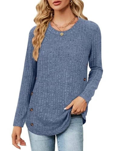 Knitted Jumpers for Women, Crew Neck Warm Lightweight Sweater Casual Stretchy Soft Side Button Sweatshirts Comfy Basics Clothing Ladies Long Tops Blue-L