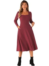 Knitted Sweater Dress for Women's Casual Square Neck A-Line Dresses with Pockets Burgundy S
