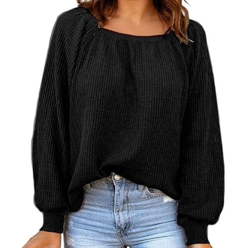 Knitted Sweater for Women Solid Color Pleated Knitwear Classic Ribbed Long Sleeve Sweater Soft Crew 