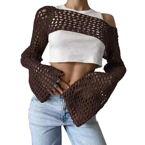 Knitting Shawl with Sleeves | Sexy Scarf Shawl Sweater for Women | Versatile Solid Color Clothing Shoulder Shrug Wrap | Ideal for Banquets and Weddings, Coffee, M