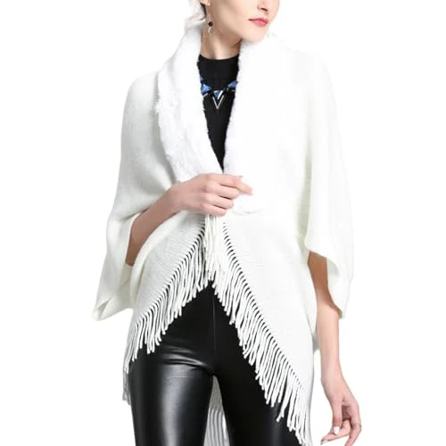 Knitting Thick Women's Loose Shawl, Women's Fuzzy Trim Cardigans, Casual Knit Loose Solid Comfy Shawl Coats (Standard, White)
