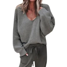 Knitwear for Women Fall V Neck Long Sleeve Knitted Sweater Elegant Drop Shoulder Kitting Shirt Casual Solid Color Business Work Jumper Tops Loose Warm Outdoor Sweater(Dark Gray,XXL)