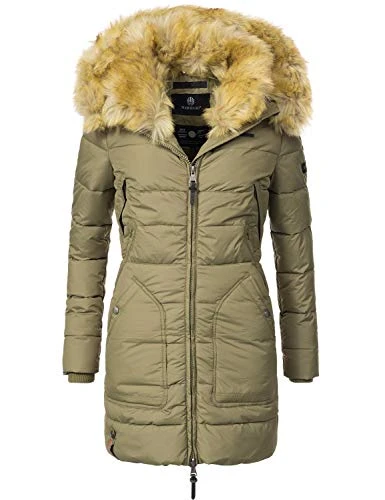 Knuddelmaus Ladies’ Winter Puffer Coat with Faux Fur Hood Olive Green S