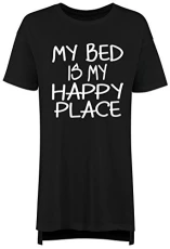 L Black Womans Oversized PJ Tshirt 'My Bed is My Happy Place' with White Print L Black Womans Oversized PJ Tshirt 'My Bed is My Happy Place' with White Print