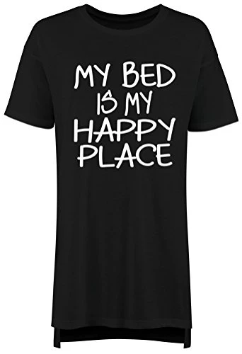 L Black Womans Oversized PJ Tshirt 'My Bed is My Happy Place' with White Print