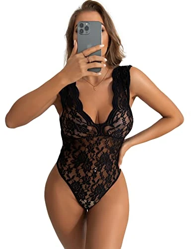 Lace Bodysuit for Women Sexy Lingerie Naughty One Piece Teddy Lingerie Underwear Clubbing Party Outfits,Black UK 16-18