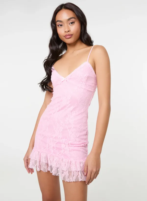 Lace Cami Ruffle Mini Dress - L - PINK