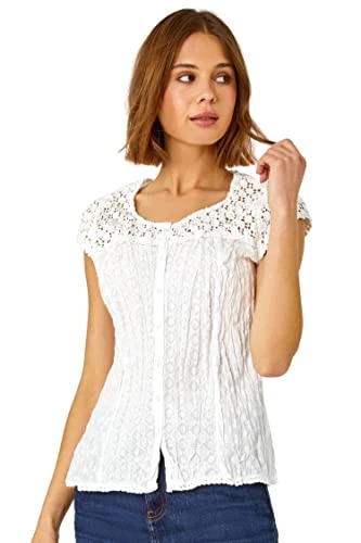 Lace Crinkle Top for Women UK - Ladies Broderie Anglaise Blouse Yoke 100% Cotton Emb