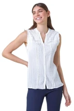 Lace Crinkle Top for Women UK - Ladies Broderie Anglaise Blouse Yoke 100% Cotton Embroidered Shirt C