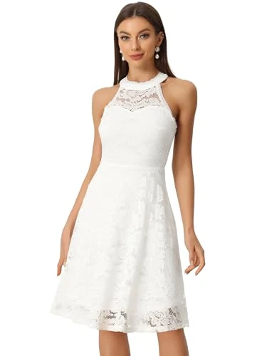 Lace Dress for Women's Halter Neck Sleeveless Elegant Cocktail A-Line Dress White M