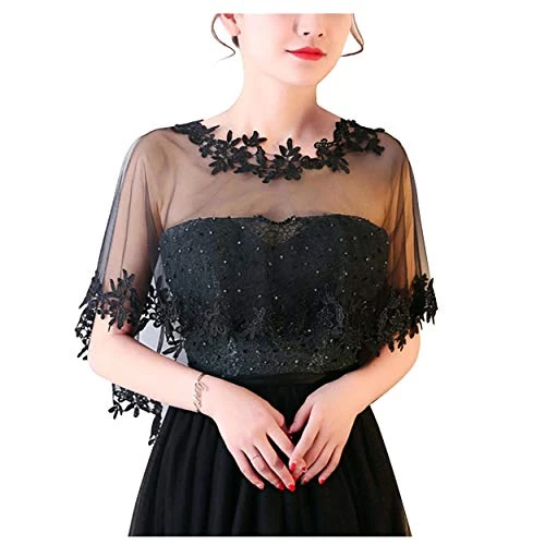 Lace Flower Shawls Wrap Sheer Tulle Scarf Capes for Wedding Dresses (Black)