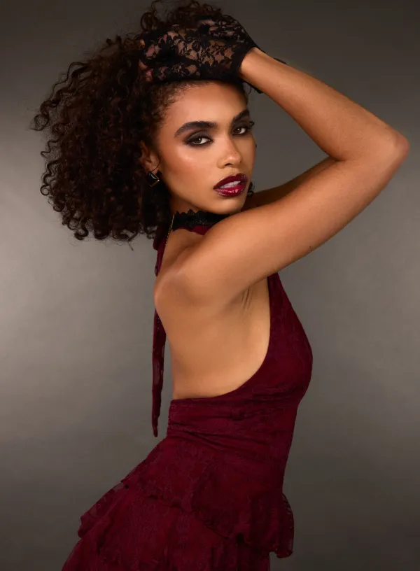 Lace Halterneck Tiered Mini Dress With Shorts - L - WINE