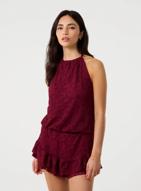 Lace Halterneck Top - ONE - WINE