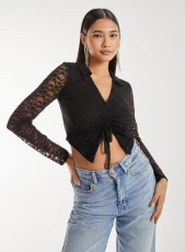 Lace Long Sleeve Tie Front Top  - 6  - Black