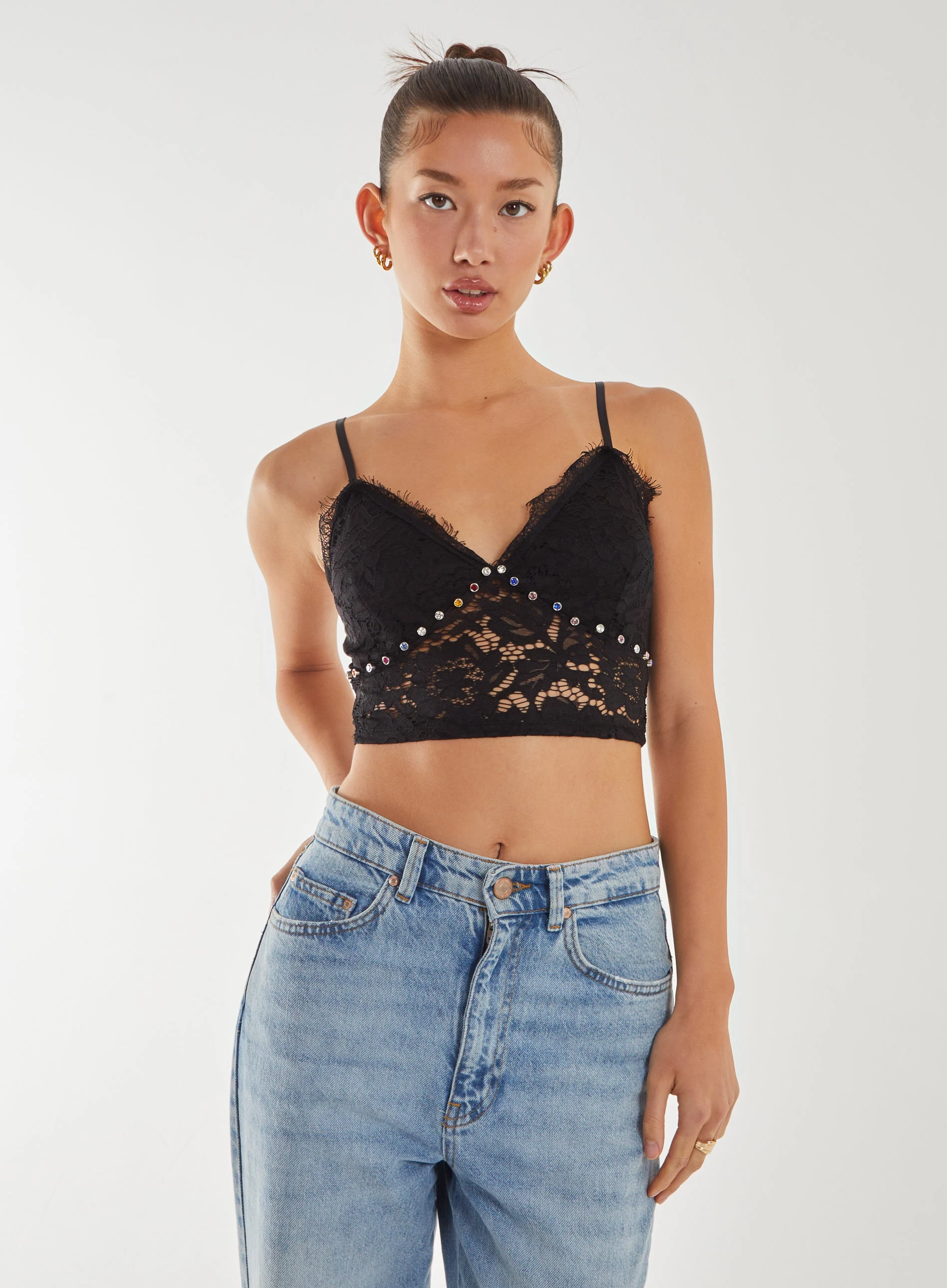 Lace Multi Coloured Embellished Bralette  - M/L  - Black