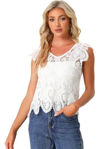 Lace Top for Women's Sheer Crochet Summer Boho Blouse White S