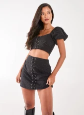 Lace Up Corset Puff Sleeve Crop Top  - 8  - Black