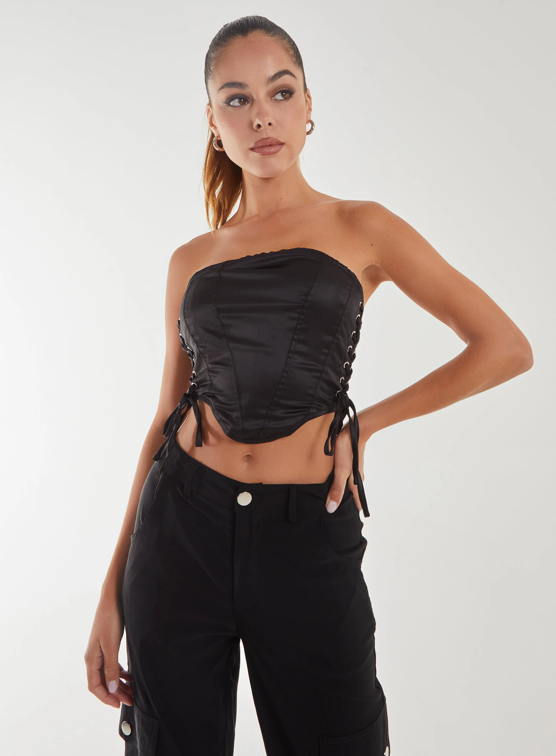 Lace Up Corset Top  - S  - BLACK