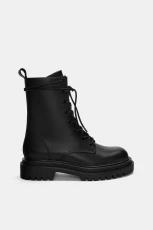 Lace-Up Flat Leather Ankle Boots - Black Lace-Up Flat Leather Ankle Boots - Black