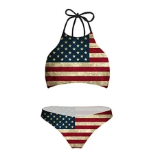 Lace Up Halter Swimwear Two Piece Women's Padded Bikini Plus Size American Flag Pattern Lace Up Halter Swimwear Two Piece Women's Padded Bikini Plus Size American Flag Pattern