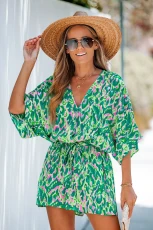 Lace Up Leopard Print Playsuit - Green-Green