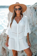 Ladder Cutout Tiered Cover-Up Shirt Dress - White