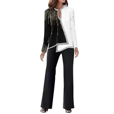 Ladies 2 Piece Outfits Clearance Formal Elegant Long Sleeve and Wide Leg Trousers Blazer Suit Co Ord Sets Matching Set Tracksuit Trouser Suits Wedding Prom Evening Mother of The Bride (11-White, XL)