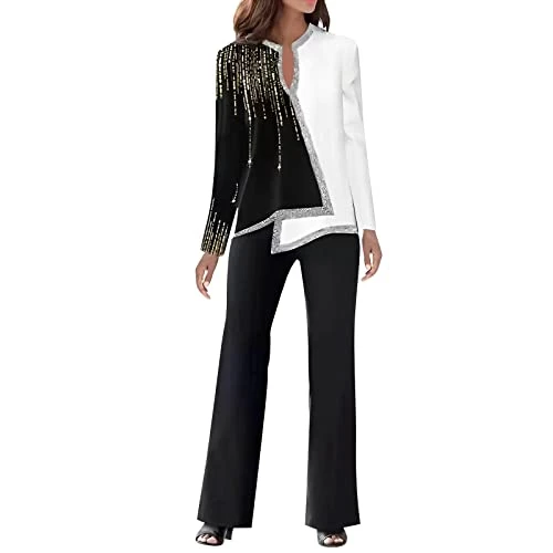 Ladies 2 Piece Outfits Clearance Formal Elegant Long Sleeve and Wide Leg Trousers Blazer Suit Co Ord Sets Matching Set Tracksuit Trouser Suits Wedding Prom Evening Mother of The Bride (11-White, XL)