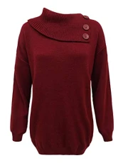 Ladies 3 Button Knitted Long Sleeve Jumper Womens Plain Polo Neck Sweater Top Wine UK 16-18