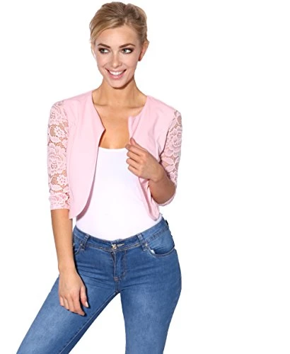 Ladies 3/4 Sleeve Waist Length Bolero Shrug Lace Detail (Pink, L) 9330-PNK-L