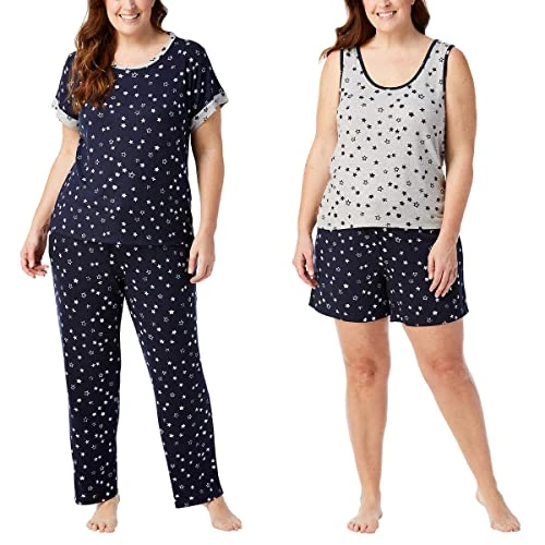 Ladies' 4-Piece Pajama Set (as1, alpha, s, regular, regular, Stars), Stars, S