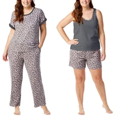 Ladies' 4-Piece Pajama Set, Leopard, XL