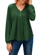 Ladies Basic Long Sleeves Pleated Tunic Tops V Neck Casual Loose Pullover for Autumn Green M Ladies Basic Long Sleeves Pleated Tunic Tops V Neck Casual Loose Pullover for Autumn Green M