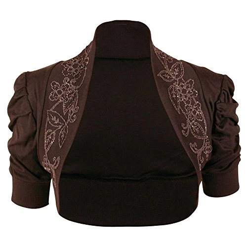 Ladies Beaded Ruched Puff Short Sleeve Open Cotton Bolero Shrug Size 8-12 (M/L, Dark Brown)