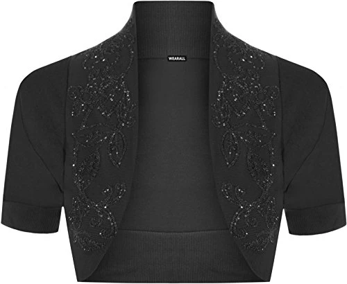 Ladies Beaded Shrug Short Sleeved Cardigan Top - Black - 8/10