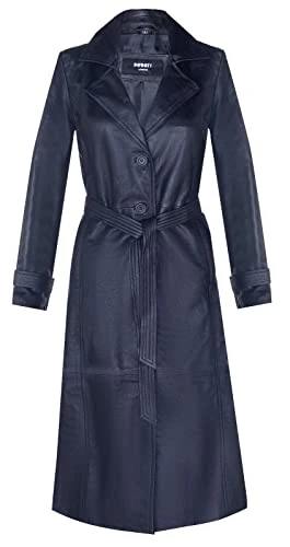 Ladies Black Leather Full-Length Trench Classic Coat Black XL