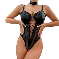 Ladies Black Mesh Leather Splicing Ladies Sexy Transparent Sexy Nightdress Plus Size Nightie 3X Ladies Black Mesh Leather Splicing Ladies Sexy Transparent Sexy Nightdress Plus Size Nightie 3X