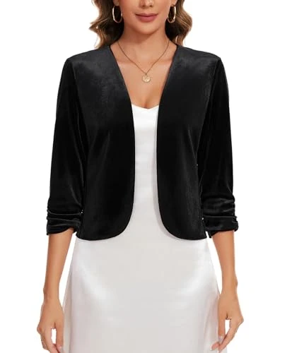 Ladies Black Velvet Cardigans Blazers Open Front 3/4 Ruched Sleeve Sweater for Office Work Dress Match Shrugs (Black XL)