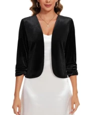 Ladies Black Velvet Cardigans Blazers Open Front 3/4 Ruched Sleeve Sweater for Office Work Dress Match Shrugs (Black XL)