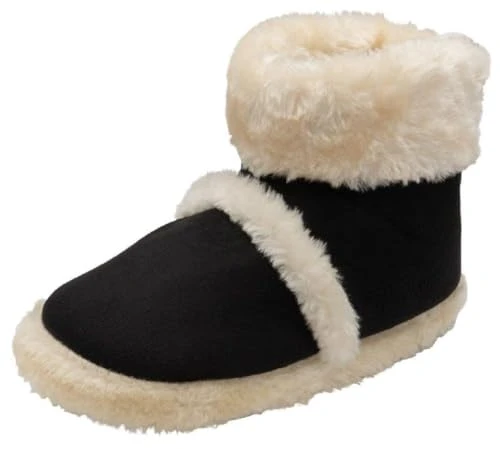 Ladies Bootie Slippers Soft Warm Cosy Faux Fur Lined Sparkly Winter Ankle Boots (Black/Cream, UK Foo