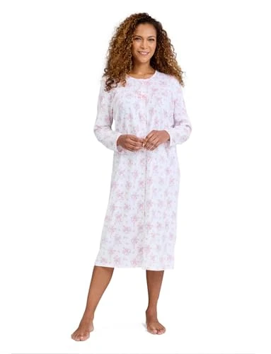 | Ladies | Button Through Cotton Jersey Long Sleeve Nightdress | Printed Nightie with Satin Bow & Picot Edge Trim | Soft Cotton Sleepwear | Pink