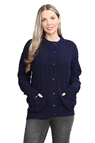 Ladies Cable Knit Cardigan Knitted Pocket Front Button Up Crew Neck Aran Long Sleeve Sweater Size 8-