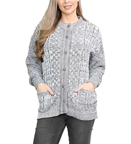 Ladies Cable Knitted Seven Button Two Pocket Round Neck Buttons Cardigans Casual Wear Ladies Buttons Womans Cardigan UK Long Sleeves Ribbed Style Winter Women's Cardigan Marl Grey 20-22