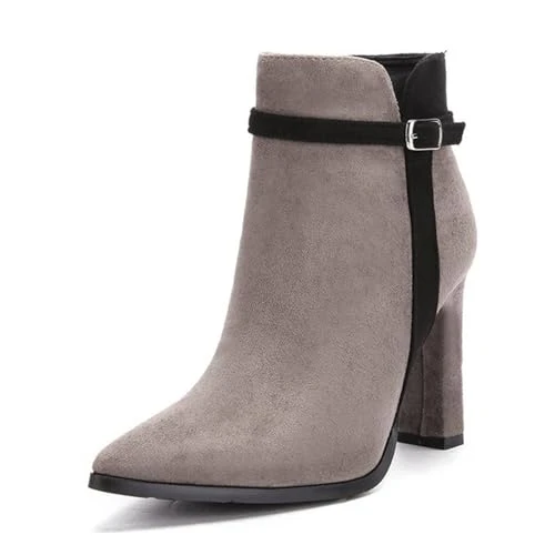 Ladies Calf Boots Women's Autumn and Winter Pointed Toe Stiletto Suede Stitching Fashionable Thin Suede High Heel Short Boots Gold Slingback Shoes (Grey, 4.5)