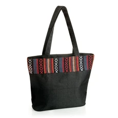 Ladies Canvas all purpose bag in black with pattern day bag beach bag